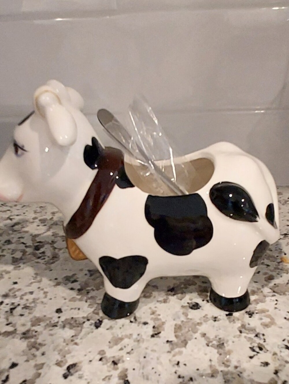 Publix Sugar Non Dairy Creamer Cow Black White Ceramic With Spoon Kitschy Farm